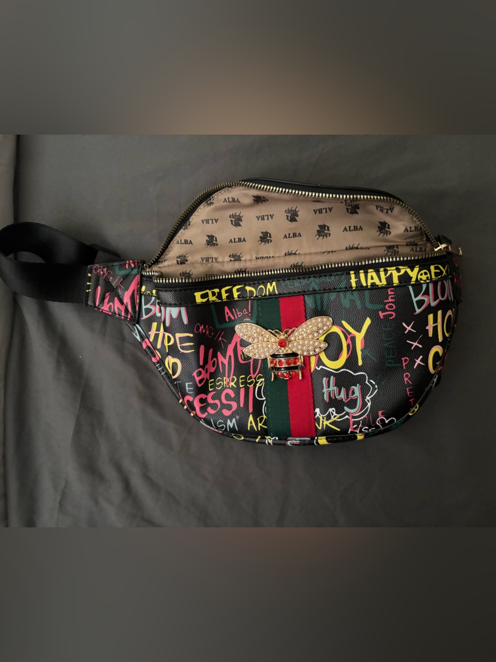 Alba Black Graffiti Bee Belt Bag with Red and Green Stripe